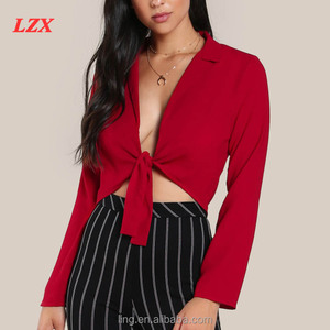 <span class=keywords><strong>Manga</strong></span> <span class=keywords><strong>larga</strong></span> frente nudo hundiendo solapa <span class=keywords><strong>crop</strong></span> <span class=keywords><strong>top</strong></span> blusa - Product Image 1