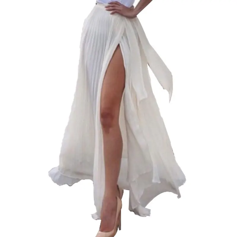 Longue jupe à lacets en mousseline de soie pour femmes, tenue taille haute, à volants, longue, style Boho, blanche, vêtement d'été 2020