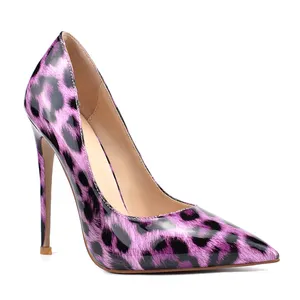 WETKISS Party Sexy Plus Size Slip On High Heels Shoes Pointed High Stiletto Heels Pumps Leopard Print Dress Shoes Patent Leather