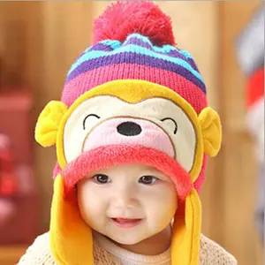 Factory price Pretty Winter Unisex Cartoon Warm Flap Hat Plus Velvet Thick Winter Baby Monkey Hats For Girls