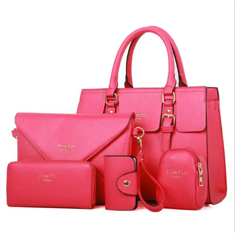 china high quality lady wholesale cheap 5 piece set pu leather Key case Cartera tote bag hand bags handbag with custom logo