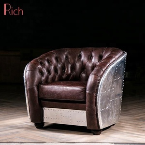 Poltrona Singola Retrò Industriale Classica Americana in Pelle Vintage con Bottoni e Trapuntatura Profonda, <span class=keywords><strong>Divano</strong></span> in Alluminio - Product Image 3