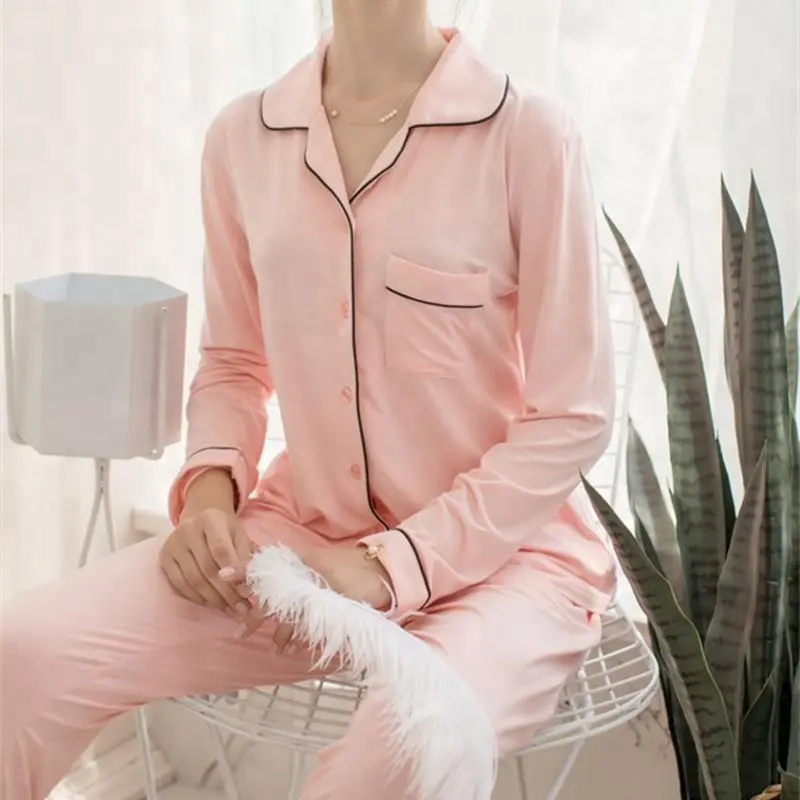 Venta al por mayor Otoño Invierno ropa de dormir algodón mujer rosa seda pijama traje