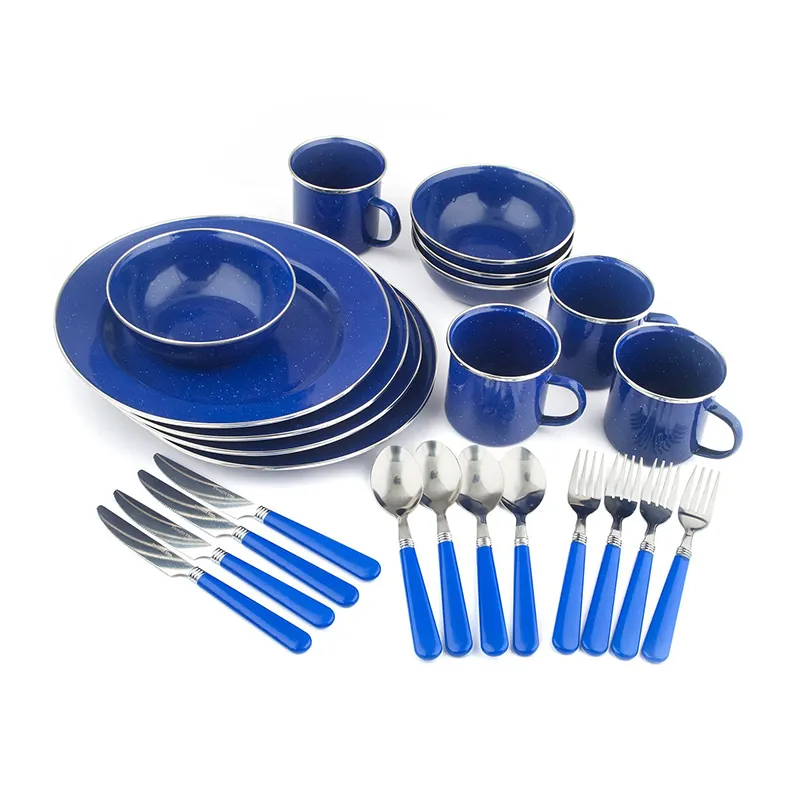 Chl Aangepaste Logo Afdrukken Emaille Metalen Gietijzeren Kookgerei Servies Braadpan Set Voor Camping