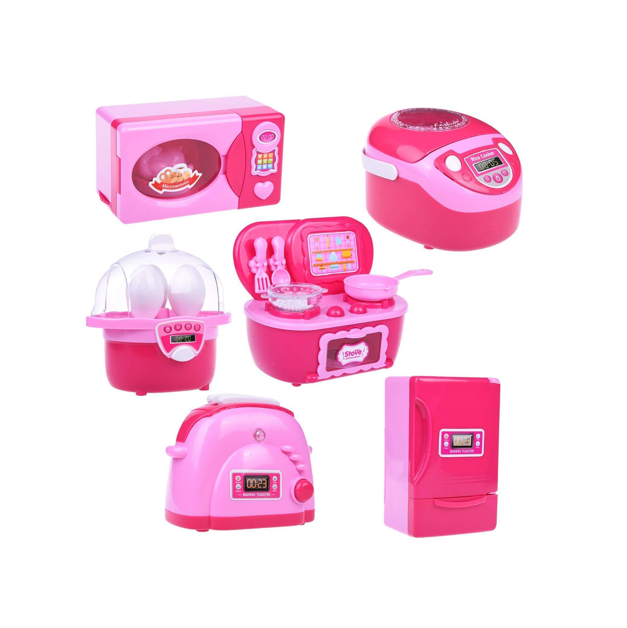 Kitchen Toys Mini Electric Simulation Play Kitchen Accessories Pink Kitchen Appliances for Girls for Kids, 6pcs Plastic ABS