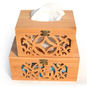 高档松木镂空雕花餐巾盒，竹制铜扣中式纸巾盒