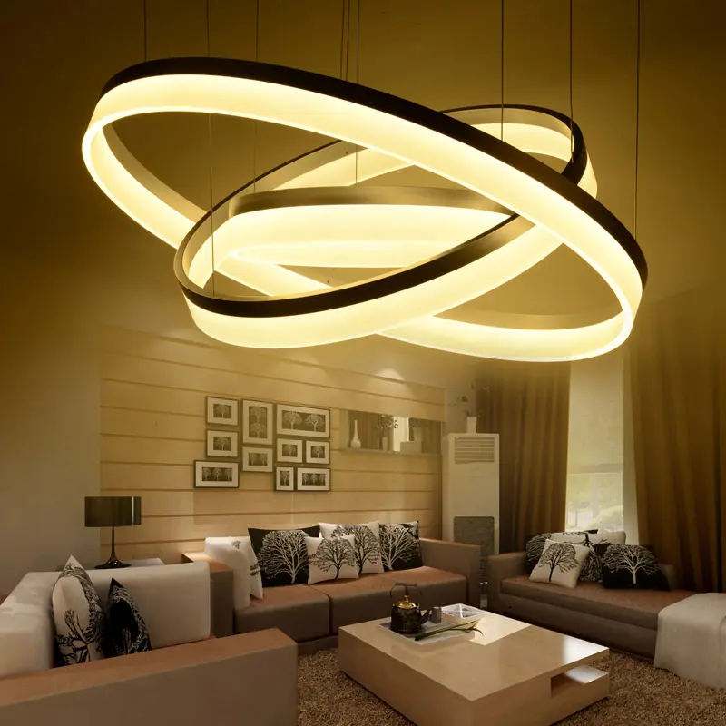 תליון אור מודרני מסעדת תאורת מתקן 3 טבעת מעגל אלומיניום אקריליק LED נברשת לבית משרד מלון