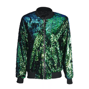 KY Green <strong>Sequin</strong> Bomber <strong>Jacket</strong> Women <strong>Plus</strong> <strong>Size</strong> Autumn Ribbed Knit Polyester Dyed Fabric Cotton Hot Zipper Dance Stage Catwalk - Product Image 4