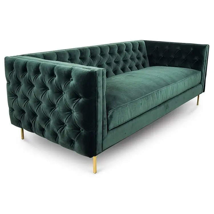 Novo Design moderno Sofá de luxo Com As Pernas de Bronze Chesterfield Sofá De Veludo Verde Para Sala de estar Mobiliário de Pelúcia