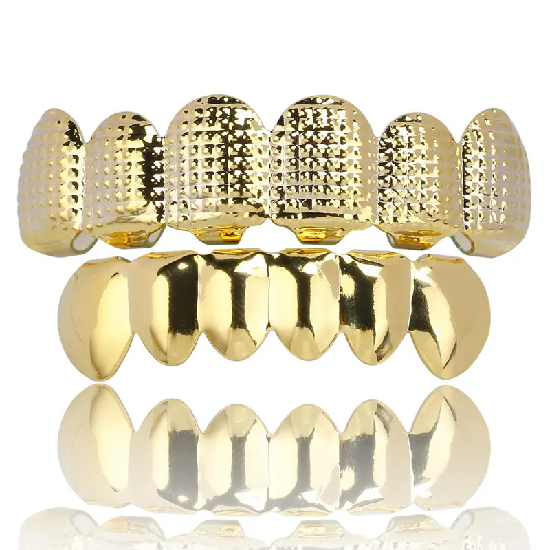 Hip Hop Body Jewelry Men's 6 Top & Bottom Teeth Gold False Teeth Grillz Set Bump Lattice Dental Grillz (KHP050)