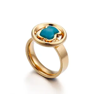 Hot Sale Women Jewellery Gold Plated Stainless Steel Dark Blue Stone Rings For Ladies