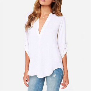 Blusa <span class=keywords><strong>de</strong></span> chifón <span class=keywords><strong>de</strong></span> manga larga <span class=keywords><strong>de</strong></span> talla grande para mujer, Blusa con escote en V en 7 colores <span class=keywords><strong>de</strong></span> fábrica China - Product Image 4