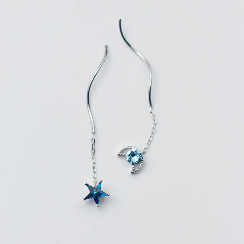 Echt 925 Sterling Zilveren Vrouwen Oorbellen met Blauwe Zirconia Star Moon Oorbellen Lange Golf Sieraden