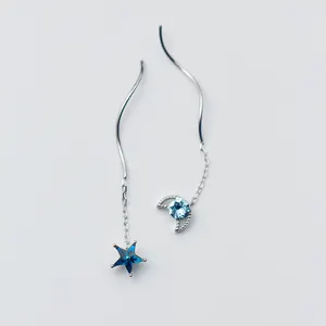 ريال 925 فضة النساء إسقاط أقراط مع الأزرق مكعب زركونيا ستار القمر أقراط طويلة موجة مجوهرات