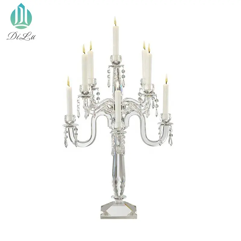 लंबा सस्ते शादी क्रिस्टल candelabra/मोमबत्ती धारक 5 हथियार क्रिस्टल candelabra/कण तालिका शादी की शादी की सजावट के लिए