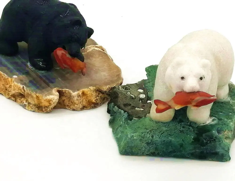 Ours en obsidienne noire et jade blanc, 1 pièce, motifs: poisson, sculpture d'animaux dans la bouche, à vendre