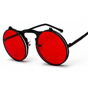 steampunk gafas de sol ronda flip Suppliers-Retro de moda de los hombres de las mujeres de tamaño pequeño plegable Steampunk gafas de sol de primavera piernas gafas UV400 redondo rojo a Flip gafas de sol