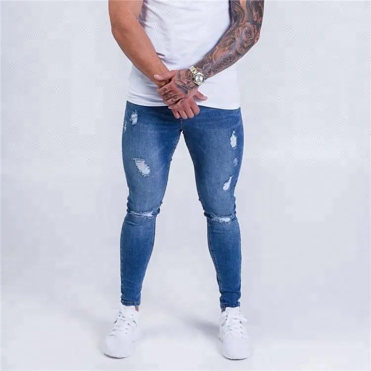 Royal wolf spray on denim garment factory blue ripped super stretch mens spray on skin tight skinny jeans fashion men jeans