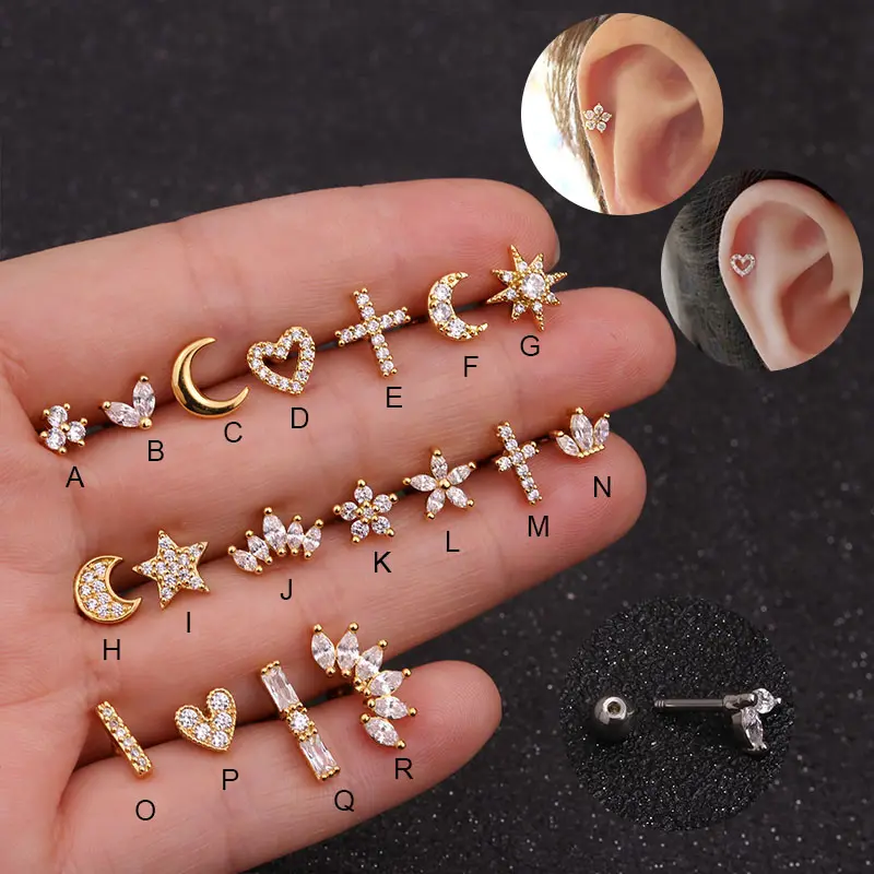 16G Cz Crown Cross Heart Flower Star Moon Shape Gold Cartilage Earring Helix Piercing Jewelry Rook Conch Tragus Screw Back Stud