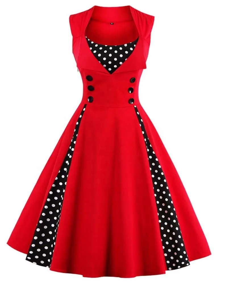 MXN-1357 wholesale Women Lady Big Girls Dresses Party Swing Dress Diamond Neck Polka Dots Buttons Pleated Vintage Dress