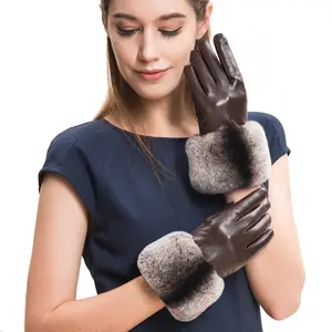 Moda kadın dokunmatik koyun derisi deri tavşan kürk hediye eldiven kış