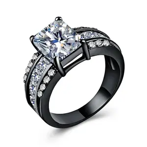 草石时尚黑色镀金戒指精致坐垫切割黑色钻石戒指黑色戒指女男