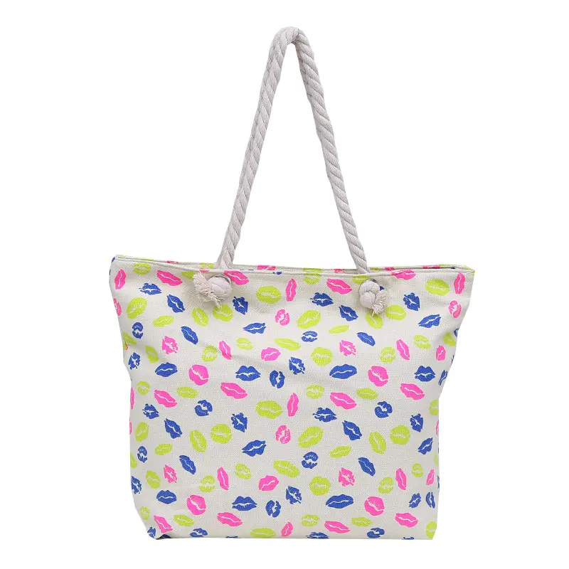 Недорогая модная дизайнерская пляжная сумка-тоут из полиэстера с цветным принтом и веревочной ручкой
