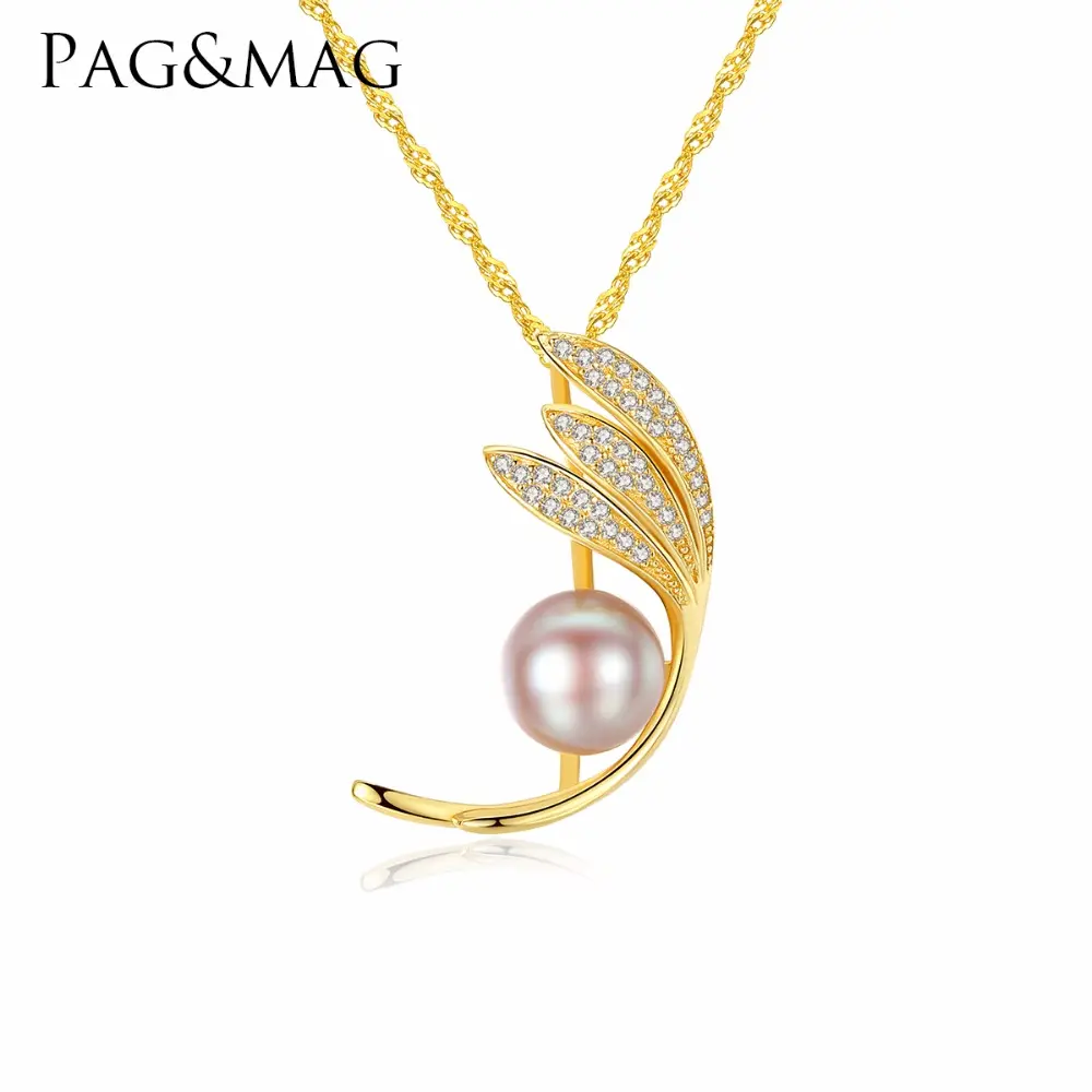 PAG&MAG Wholesale Charm Sterling Silver Mounting 9mm Pretty Natural Pearl Feather Shape Pendant Necklace For Women Party Gift