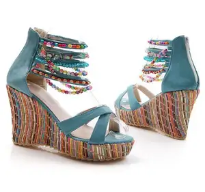 Sandal Wedges Wanita, Up-0053r Musim Panas Ukuran 43 Model Baru Gaya Bohemian Manik-manik Sepatu Wedges