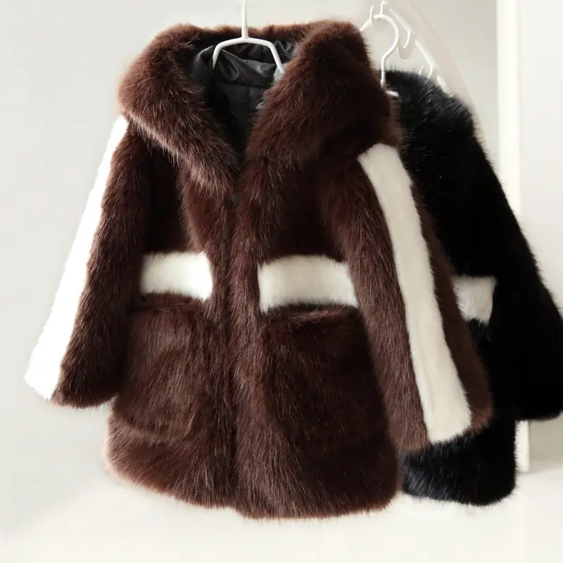 Hooded Faux Mink Fur Girl Children Kids Winter Trench Coat With Solid Color High Quality