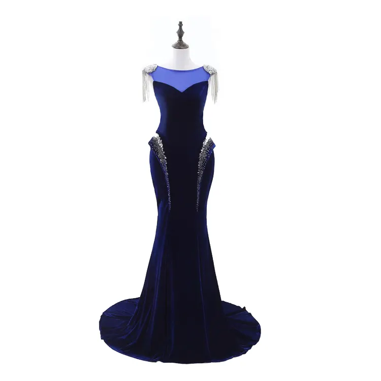 New Collection Beaded Velvet Long Evening Dresses Royal Blue Prom Evening Gowns