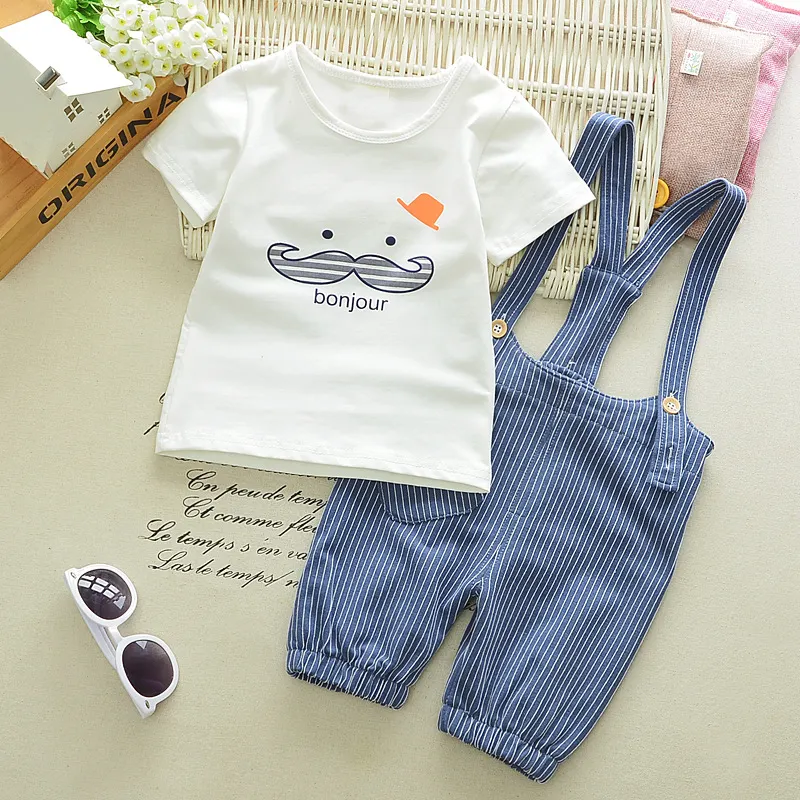 Hao bebek yaz erkek ve kız kısa kollu çocuk T-Shirt + çizgili pantolon askısı seti çocuk yenidoğan kız kıyafetler Suit