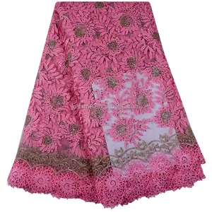 Tissu dentelle africaine pour robe de mariée, couleur rose, en Tulle français, 3D, avec pierres décoratives, nouvelle collection 1060