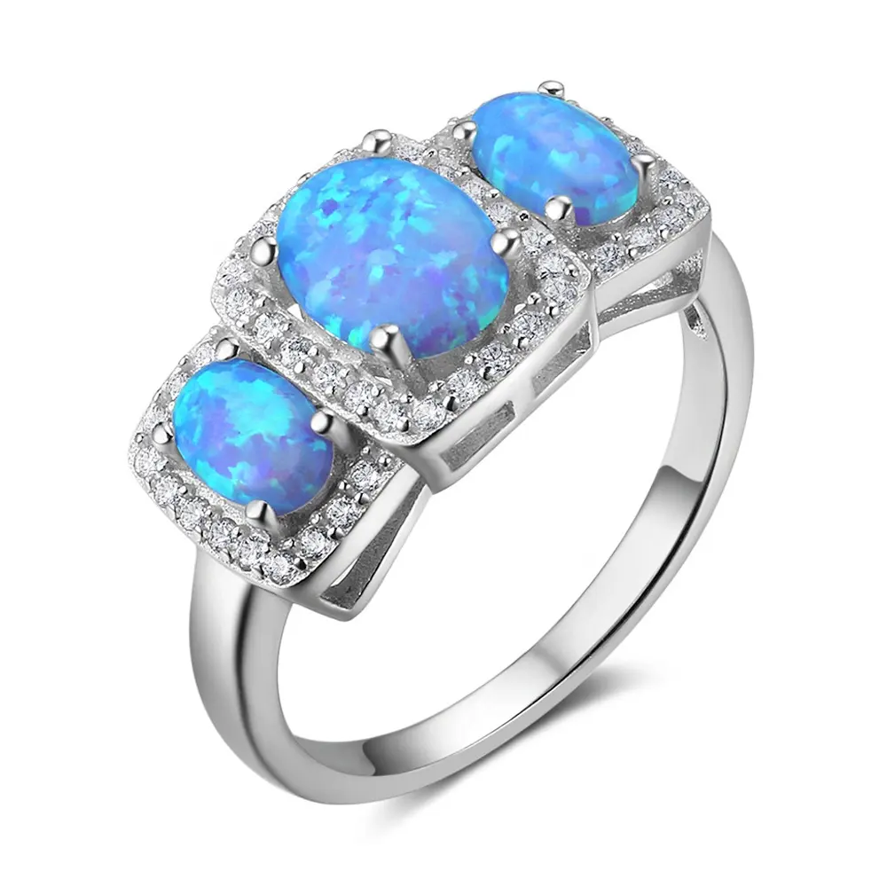 Cincin Perak 3 Batu Besar Opal Biru Mewah, Cincin Pertunangan Zirkonia Kubik Pave Mikro Perhiasan Pengantin untuk Wanita Oleh JUNLU Perhiasan