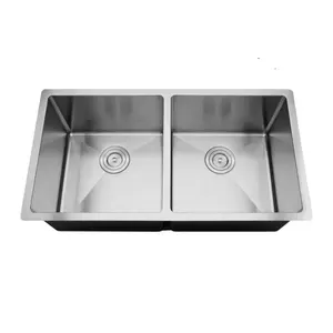 Small Radius Handcrafted Stainless Steel Kitchen Sink Offset Double Bowl 3219BL-RD