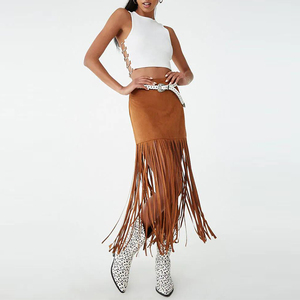 Ultima Moda Stile Casual <span class=keywords><strong>Gonna</strong></span> a Tubino Midi con Vita Impero in Finta Pelle Scamosciata con <span class=keywords><strong>Frange</strong></span> - Product Image 4