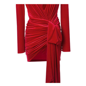 Otoño mujer nuevo <span class=keywords><strong>terciopelo</strong></span> rojo sólido Color v-cuello Sexy manga larga vaina vestido con un empate cintura YLDR215D - Product Image 2