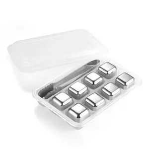 Reusable Stainless Steel Ice Cubes Whiskey Stones Chilling Rocks Cooling Cubes with Nonslip Silicon Tongs and Storage Tray