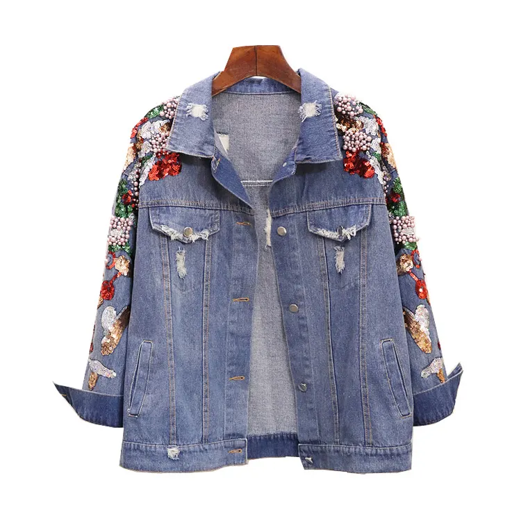 New Korean denim loose heavy industry embroidery sleeves beaded sequins denim jean jackets women