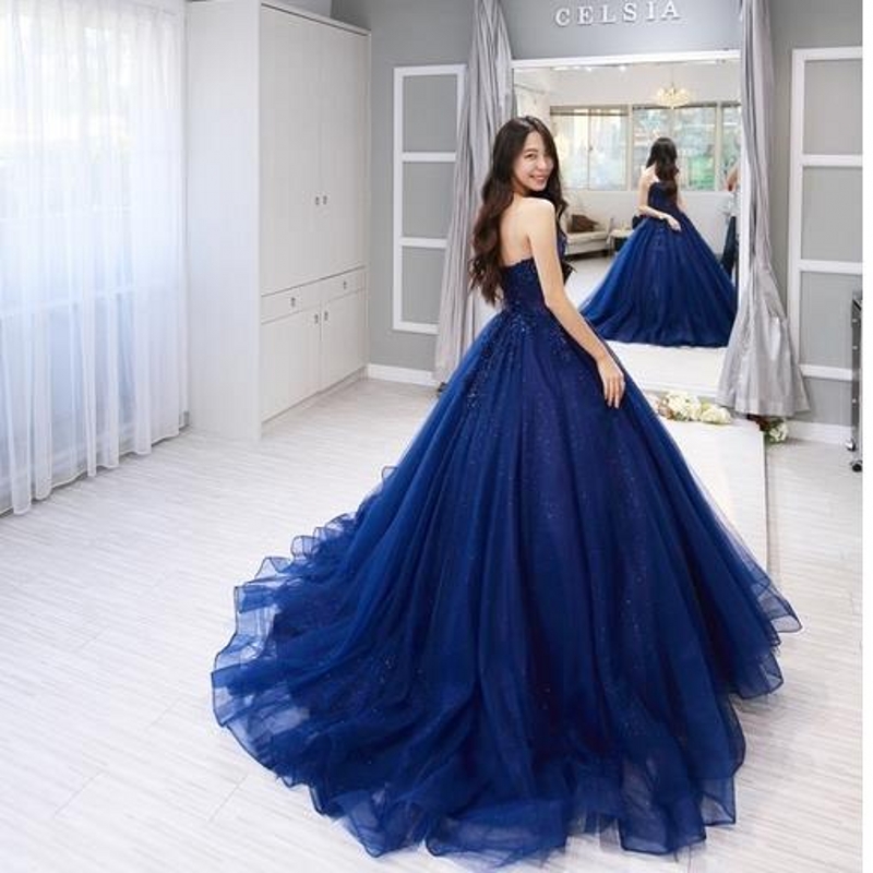 Custom Made Plus Size Blue Lace Evening Gown With Sweetheart Neck \u0026 Oem