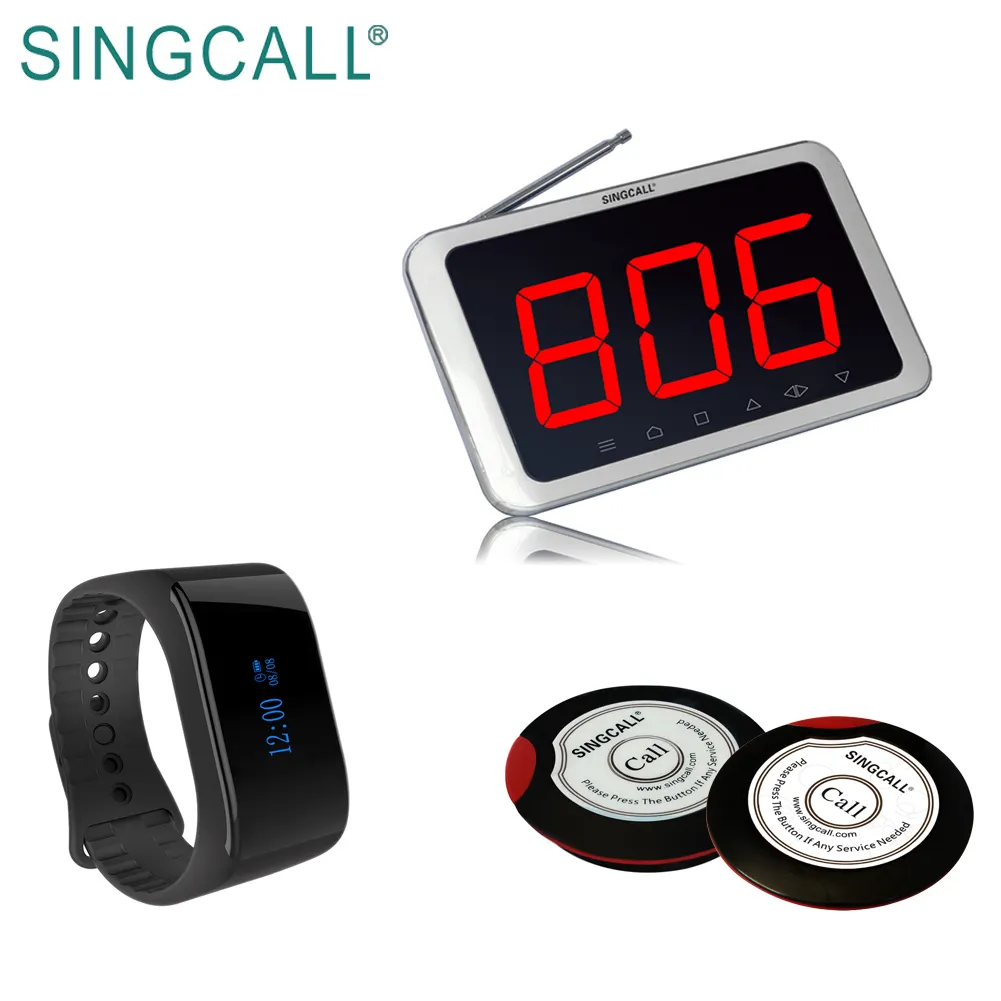 SINGCALL रेस्तरां वायरलेस टेबल बजर प्रणाली वायरलेस कॉल प्रणाली के साथ तालिका घंटी, घड़ी और प्रदर्शन
