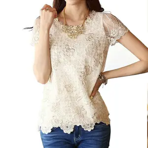 Customize Summer Women Blouse Fashion Lace Floral Patchwork Blouse Long Sleeve Shirts Hollow Out Casual Tops Pullovers