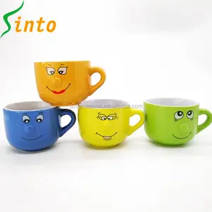 Wholesale cheap bulk color glazed ceramic large soup baby smiley face mug