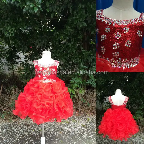 Real Photos 2014 Hot Sale Red Sequin Ball Gown Girls' Dresses Square Neck Crystal Ruffled Organza Pageant Gown NB0501