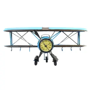 Metal Airplane Model Biplane With Clock Aircraft Vintage Cafe Bar Decoration Children Boys