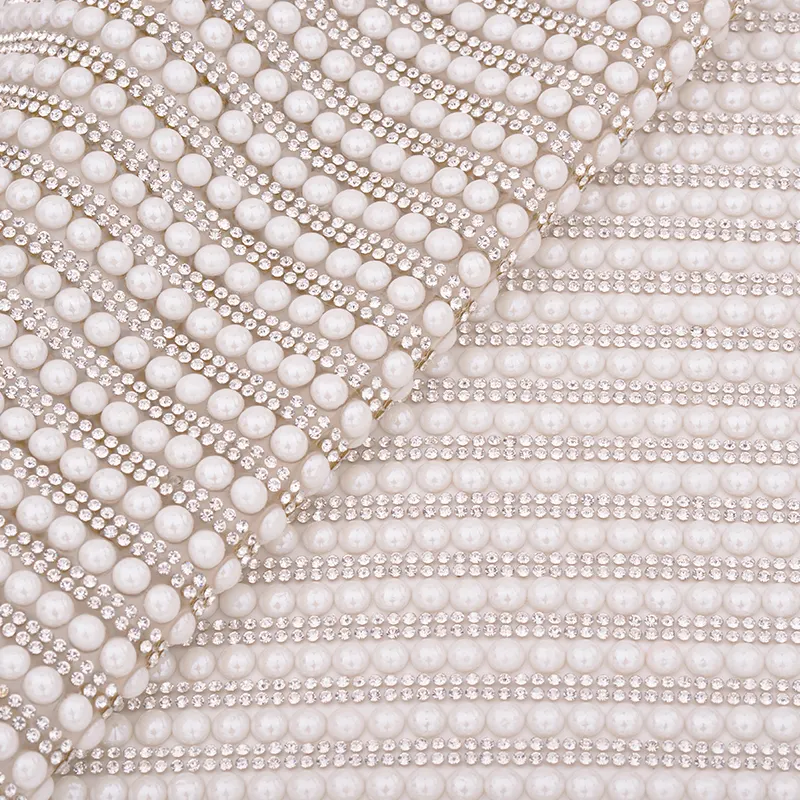 White Pearl Rhinestone Fabric Trim Adhesive Crystal Ribbon Diamond Mesh Pearl Applique for Clothes Jewelry