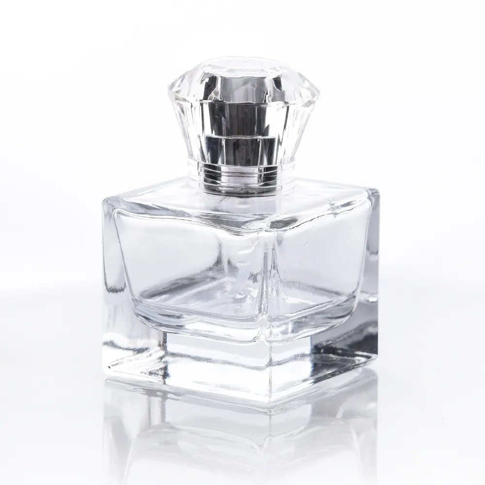Botella de cristal cuadrada de lujo para perfume con tapa prensada de cristal, 30ml, disponible