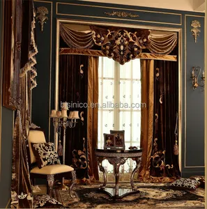 Cortina de cenefa opaca bronceadora de último diseño, cortina de tela de terciopelo con acabado bordado antiguo