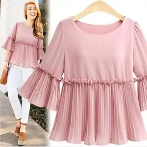 Newest flare sleeve chiffon women blouse with falre hem, pink tops of China supplier