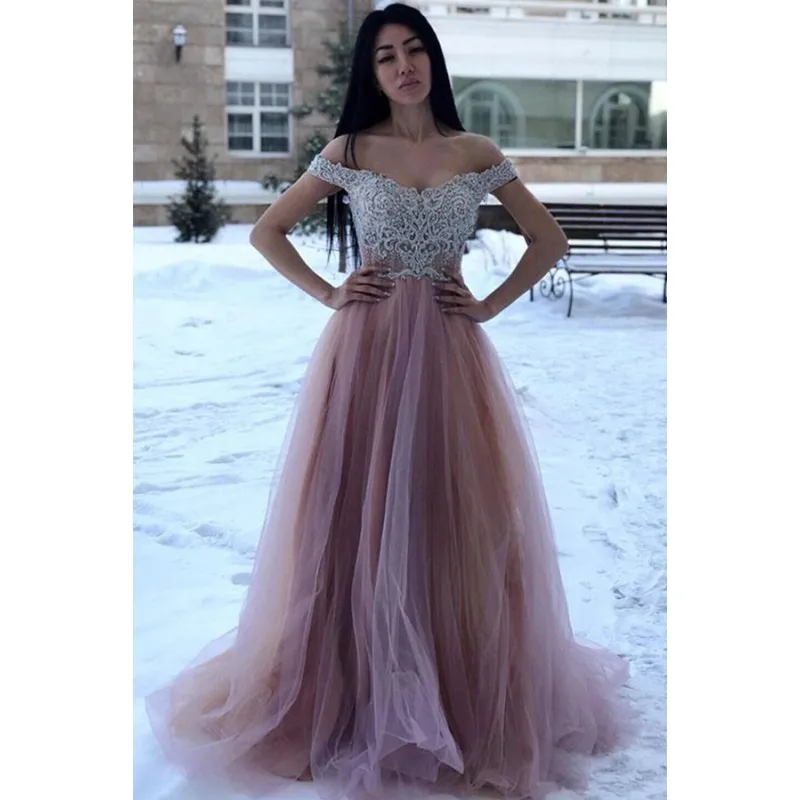 Luxury Beading Top Appliqued Tulle Prom Dress Off the Shoulder Lace Formal Evening Gown Women Party Wear